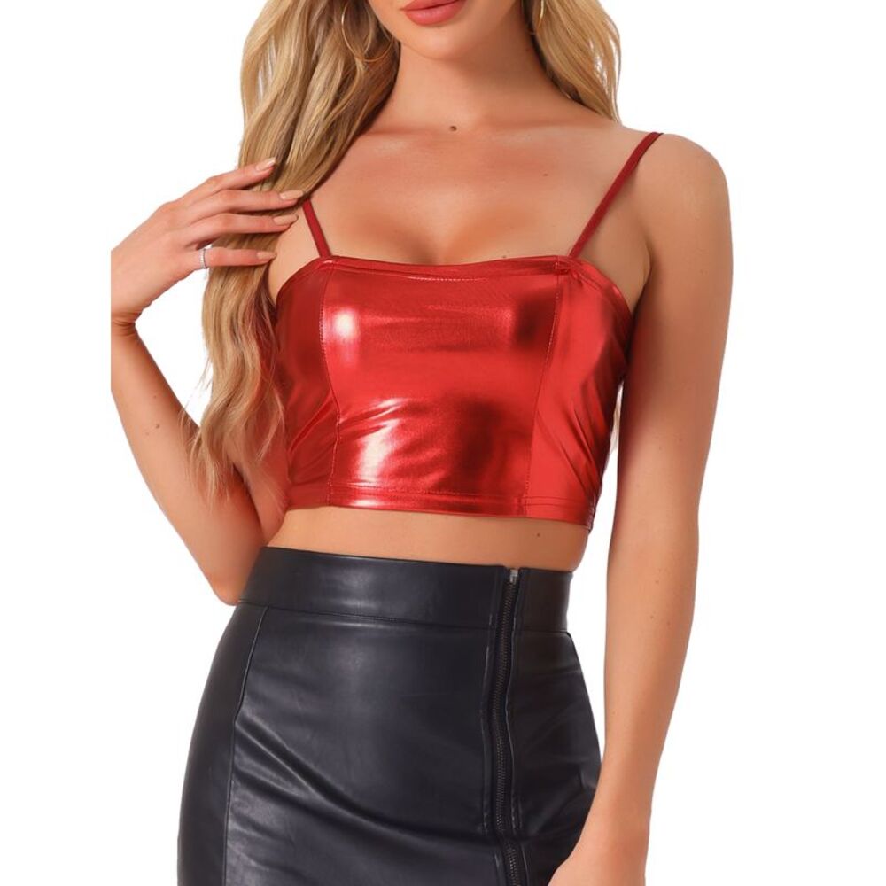 Spaghetti Strap Cami Top Party Sparkly Metallic Crop Tank Top Red